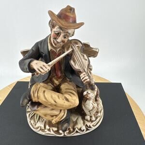 Porcelain Man Hobo Dog Figurine Playing Fiddle Violin Homco Vintage #1157AA